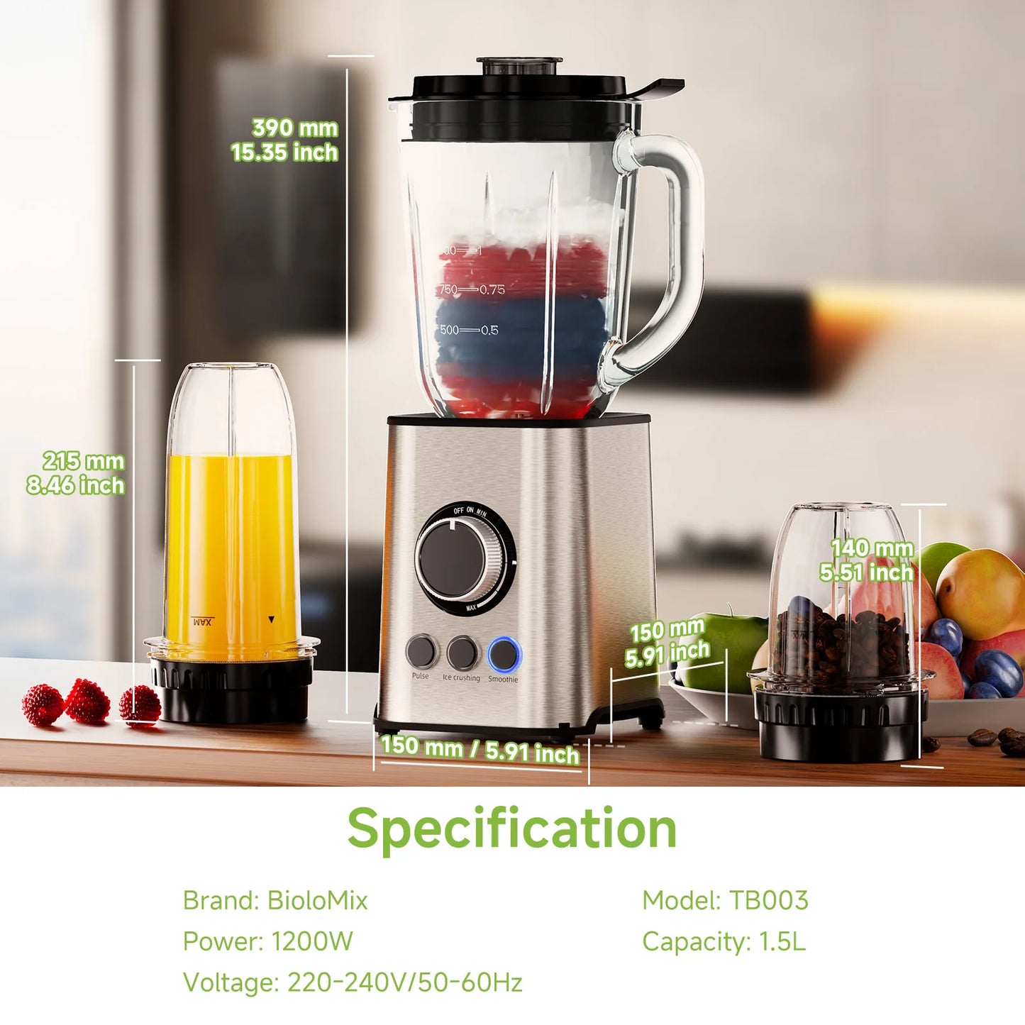 BioloMix 3-in-1 Smoothie Blender with Stainless Steel Blades 1300W Personal Blender and Grinder Combo for Baby Food Juice