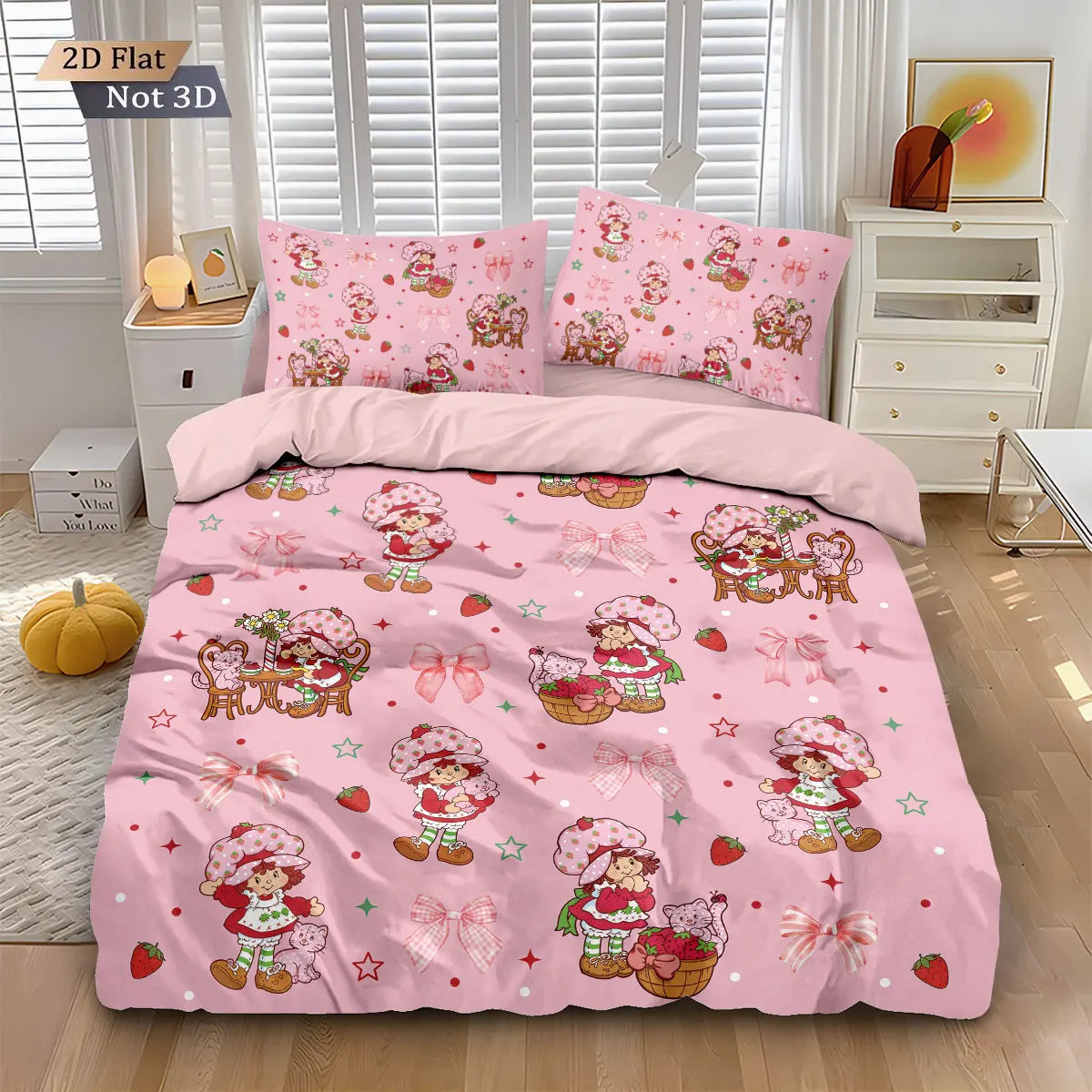 3pcs Pink Strawberry Girl Printed Down Duvet Cover Set, Multi Size Bedroom Bedding Decoration, Machine Washable
