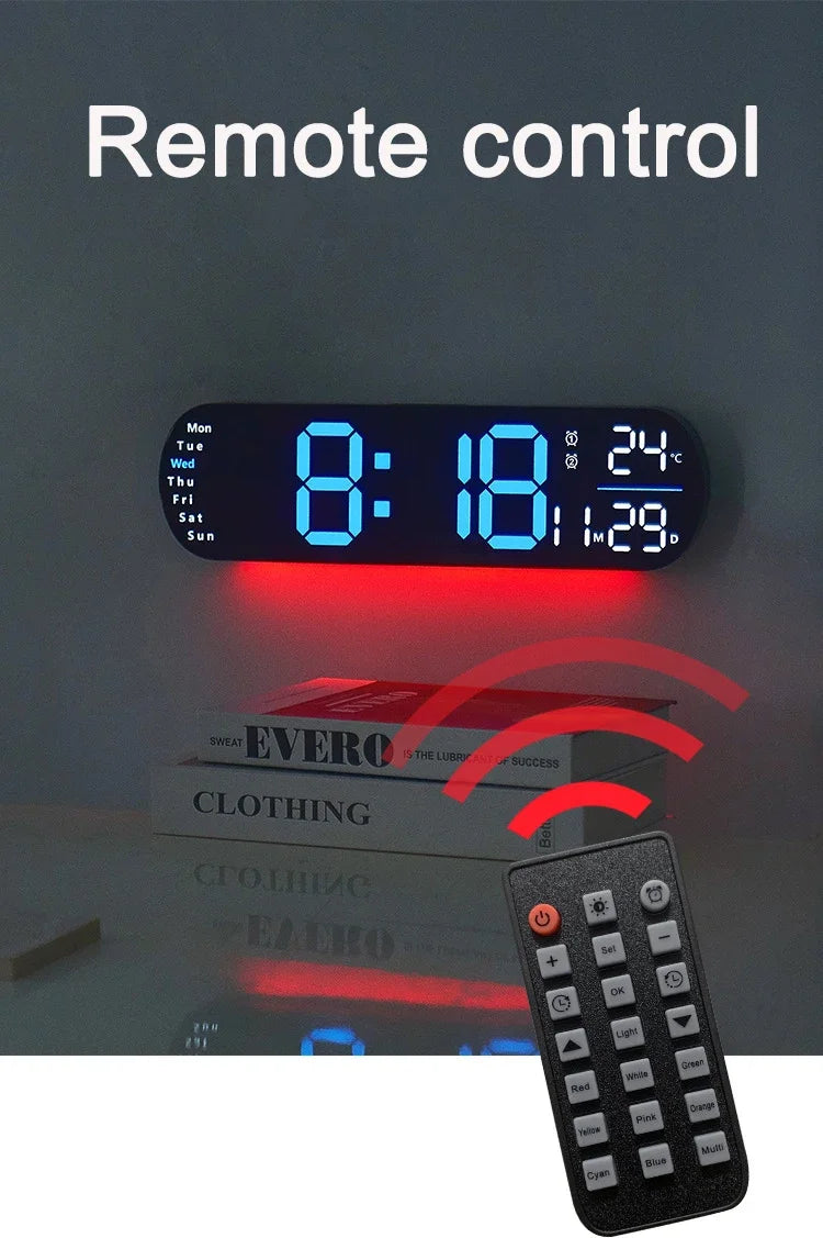 Digital Wall Clock Large LED Screen Temperature Humidity Display Electronic Alarm Clock Creative Home Decoration Remote Control