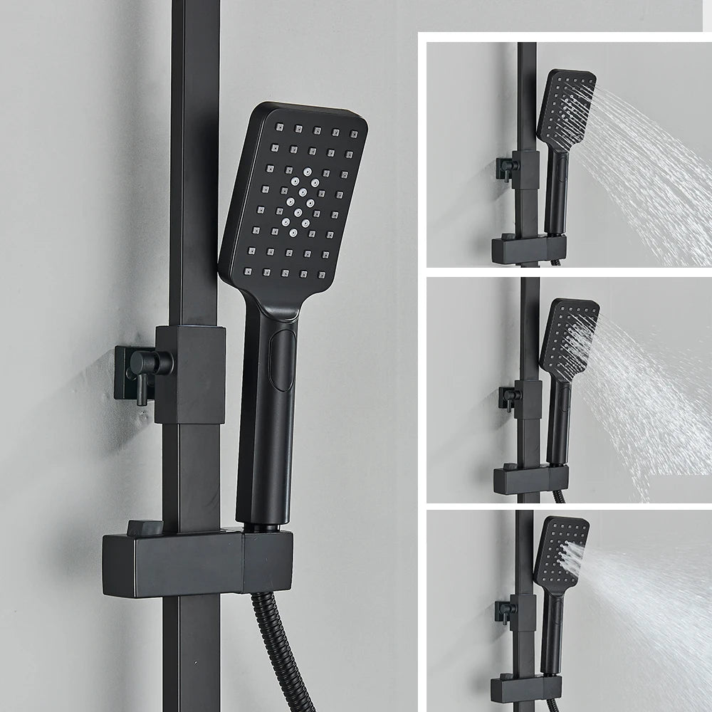 Black Display Thermostatic Shower Faucet Set Rainfall Bathtub Tap With Bathroom Shelf Water Flow Produces Electricity
