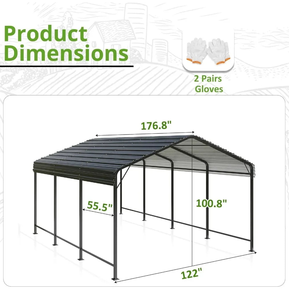 10x15 Metal Carport with Reinforced Base, Heavy Duty Garage, Outdoor Galvanized Carport for Cars, Boats and Trucks