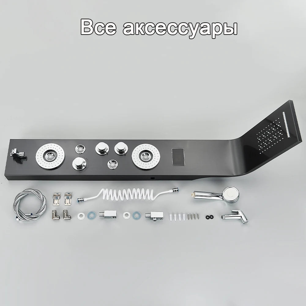 Black Bathroom Shower Panel SPA Massage Jet Shower Column LED Display Stainless Steel Shower System