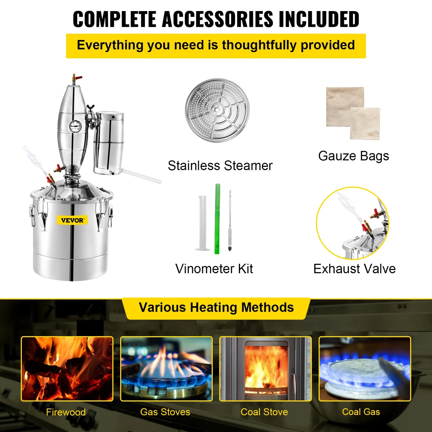 SucceBuy 50L 13.2Gal Water Alcohol Distiller 304 Stainless Steel Alcohol Still Wine Making Boiler Home Kit with Thermometer