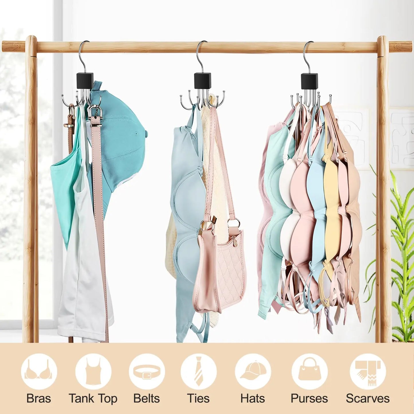 Rotating Wooden Metal Belt Hanger Multi-Functional Closet Organizer for Belts Bras Ties and Scarves with Stainless Steel Hooks