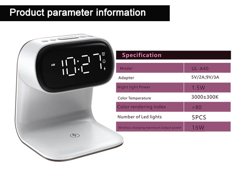 Multifunctional alarm clock with night light, wireless charging clock, holiday couple gift, three brightness adjustment clock