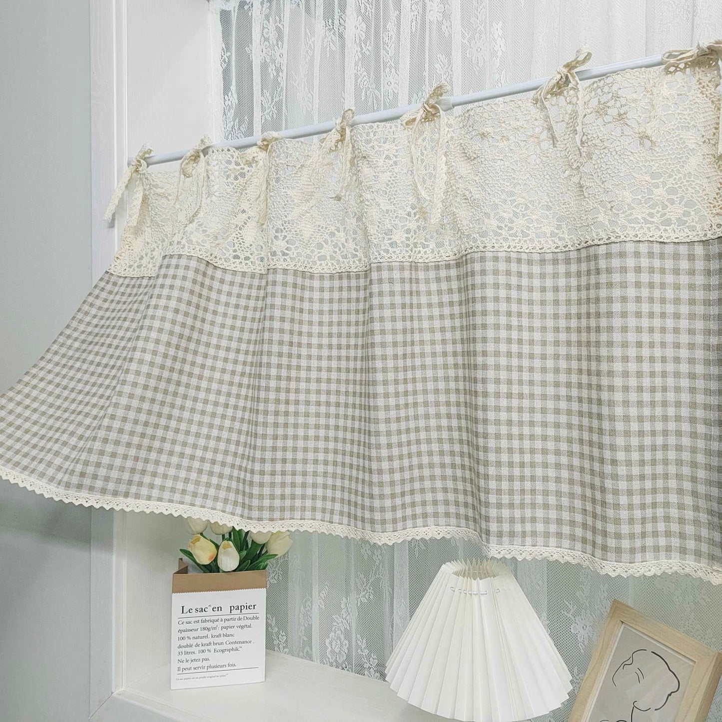 American Crochet Hollow Flower Splicing Checked Short Curtain for Kitchen Small Window Rustic Window Decoration Tie Cafe Curtain