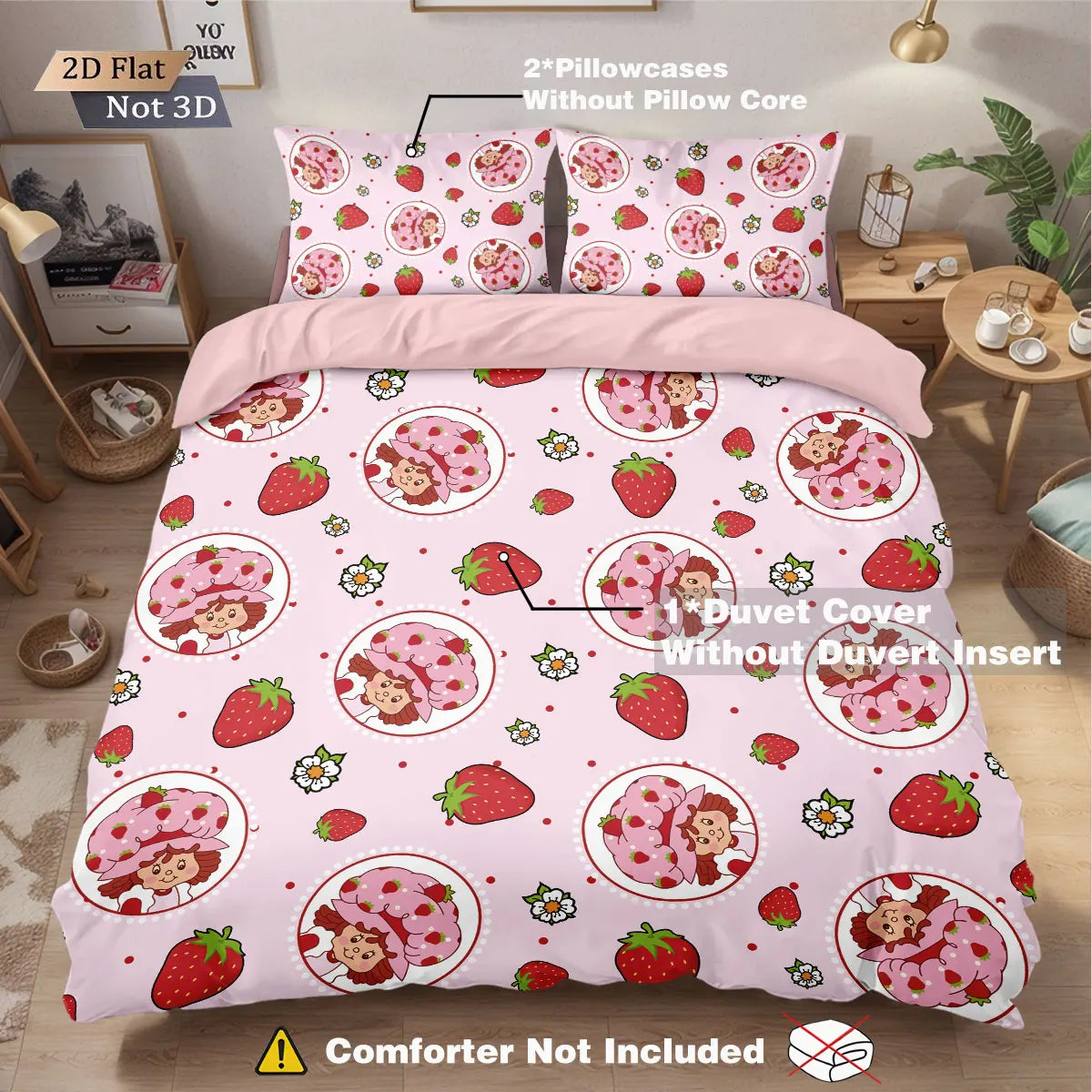 3pcs Pink Strawberry Girl Printed Down Duvet Cover Set, Multi Size Bedroom Bedding Decoration, Machine Washable
