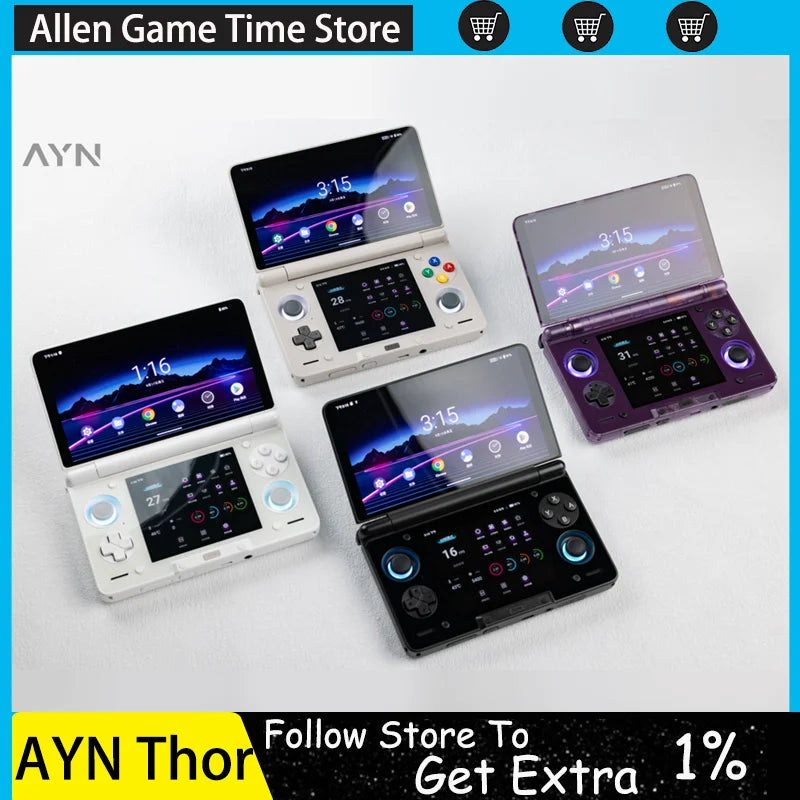 Thor 6” Handheld Gaming Console Dual OLED Screens Powered by Qualcomm Snapdragon CPU and Android 13, with a 6000mAh battery and hall stick controls for an immersive gaming experience on the go.