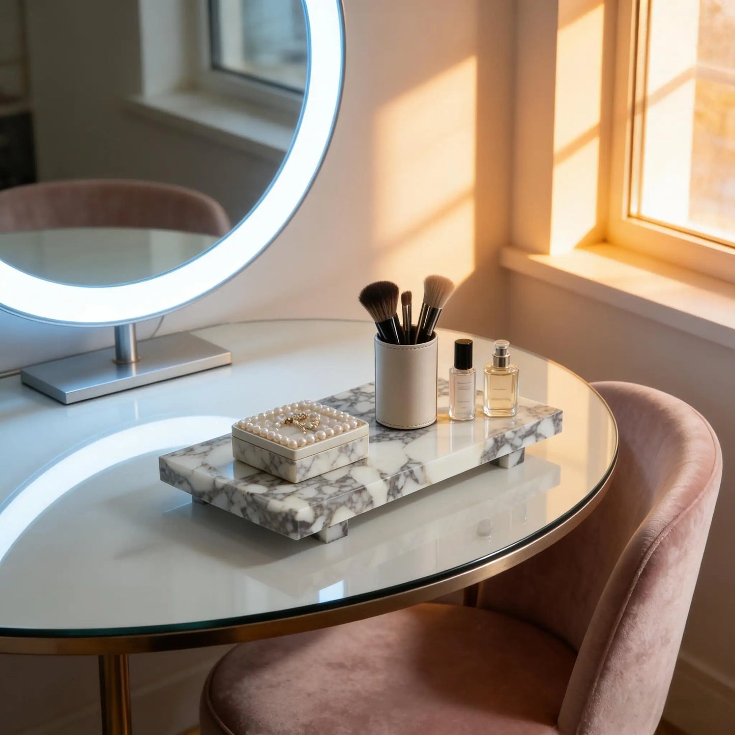 Calacatta Viola Marble Pedestal Stand, Luxury Bathroom Vanity Tray Dresser Organizer for Jewelry Cosmetics Decorative Stone Base