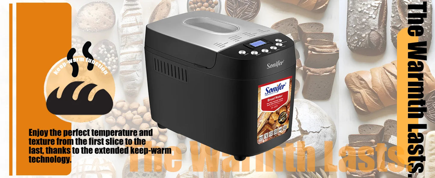 Sonifer 1500g Automatic Bread Maker SF-4025, Dual Kneading Hooks, 15 Programs, 15H Timer, 3 Crust Settings, Keep Warm