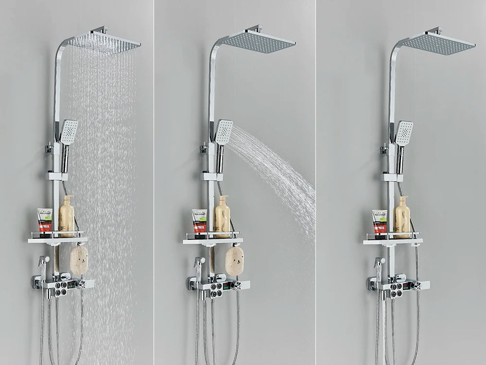 Black Display Thermostatic Shower Faucet Set Rainfall Bathtub Tap With Bathroom Shelf Water Flow Produces Electricity