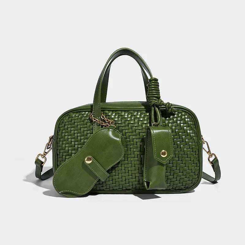 Women's Boston Bag 2025 Fall Winter New Woven Bowling Bag Unique Design Handheld Pack Trendy Light Luxury PU Leather Handbag