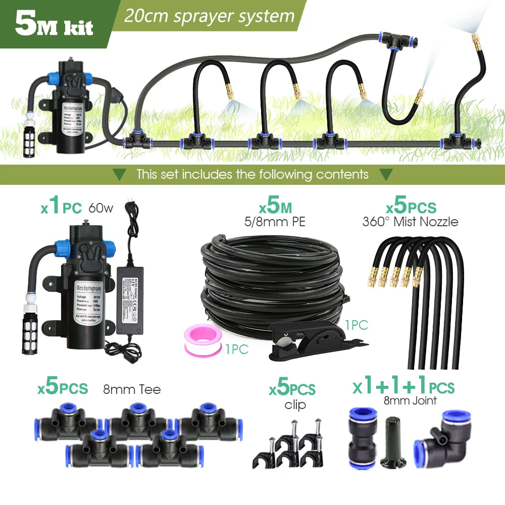 Black 8mm PE Hose 20cm Flexible Nozzle Misting Watering System 45/60/80/100W Self-priming Pump Adjustable Sprayer Kit for Garden