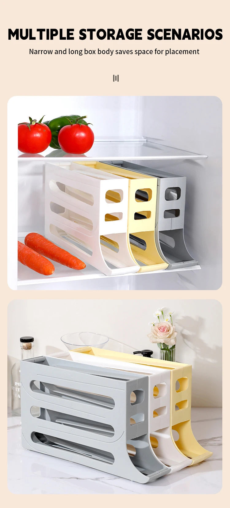 NASAN Egg Holder Egg Dispenser Auto Rolling Egg Tray Storage Organizer Space-Saving Egg Roller Rack 4 Tier Rolling Egg Holders