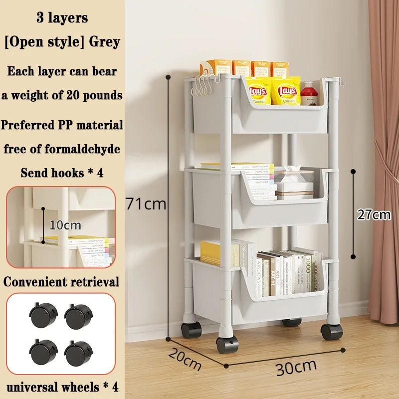 Multi-Tier Snacks Trolley Living Room Mobile Bookshelf with Wheels Bathroom Storage Shelf Kitchen Cabinet Plastic Cart Organizer