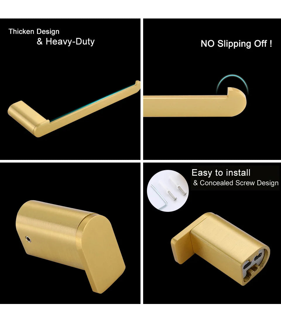 Brushed Gold  Bathroom Accessories Sets 4 Wall Mounted Towel Bar Robe Hooks Toilet Paper Roll Holder Stainless Steel Hardware