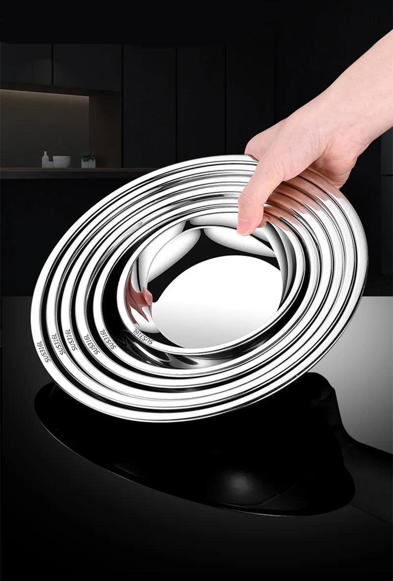 Thick Round 316 Stainless Steel Dinner Plate Food Grade Trays Salad Fruit Meal Pan Kitchen Steak Seafood Flat Cooking Bowls