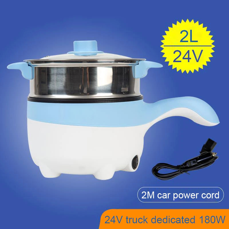 2L Travel 12V 24V Car Truck Multifunction Electric Cooking Skillet Double Layer Hot Pot Soup Heater Rice Cooker Food Steamer Pan