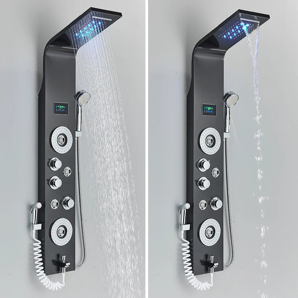 Black Bathroom Shower Panel SPA Massage Jet Shower Column LED Display Stainless Steel Shower System