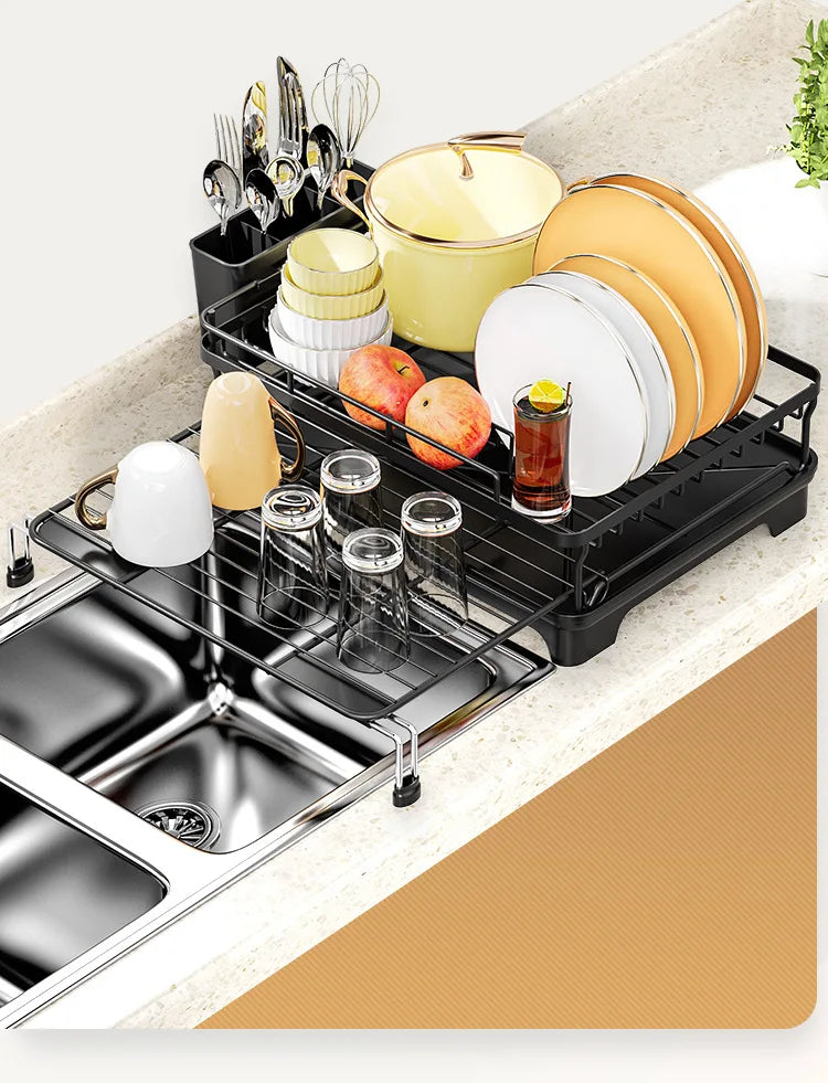 Dish Drying Rack - Extendable Dish Rack, Large Sink Drying Dish Drainer for Kitchen Counter, Stainless Steel Dish Strainer