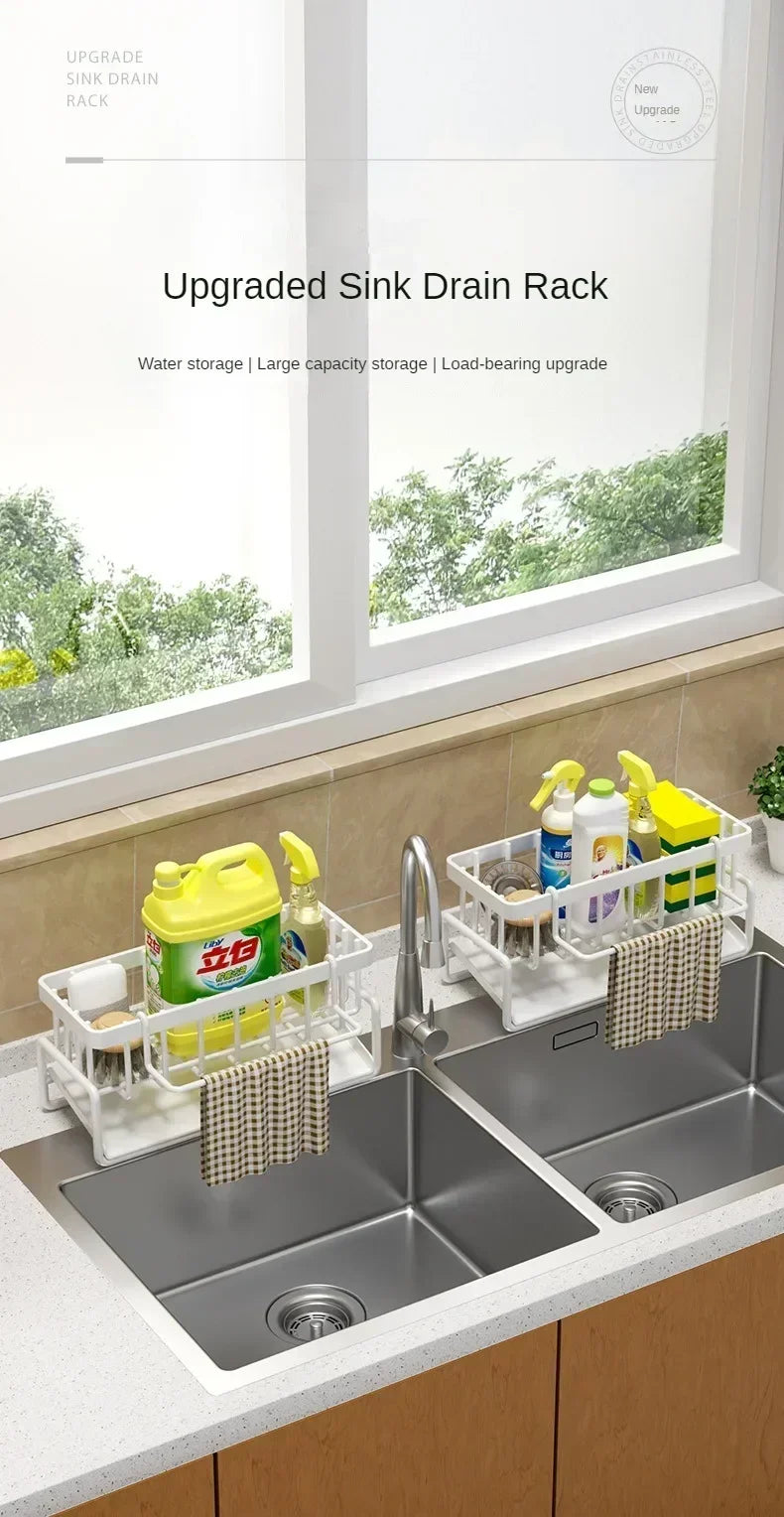 Space Saving Kitchen Sink Dish Rack Sponge Holder Water Drain Basket Countertop Storage Organizer for Cleaning Supplies