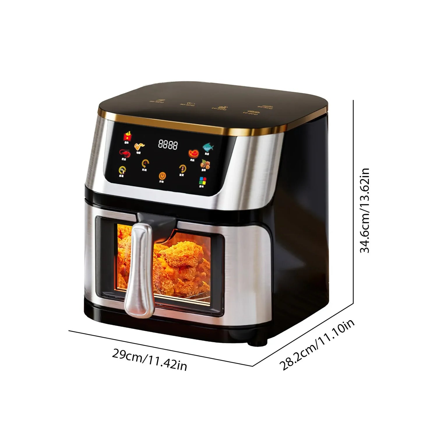 8L Stainless Steel Visible Large Capacity Electric Air Fryer, Multi-function Air Oven, LED Touch Screen,210 ° High Temperature