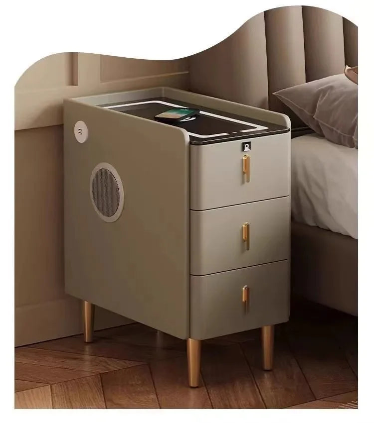 Smart Bedside Table, Solid Wood with Faux Leather Features 3 drawers, wireless charging, and side storage. Stylish and functional nightstand for modern bedrooms.