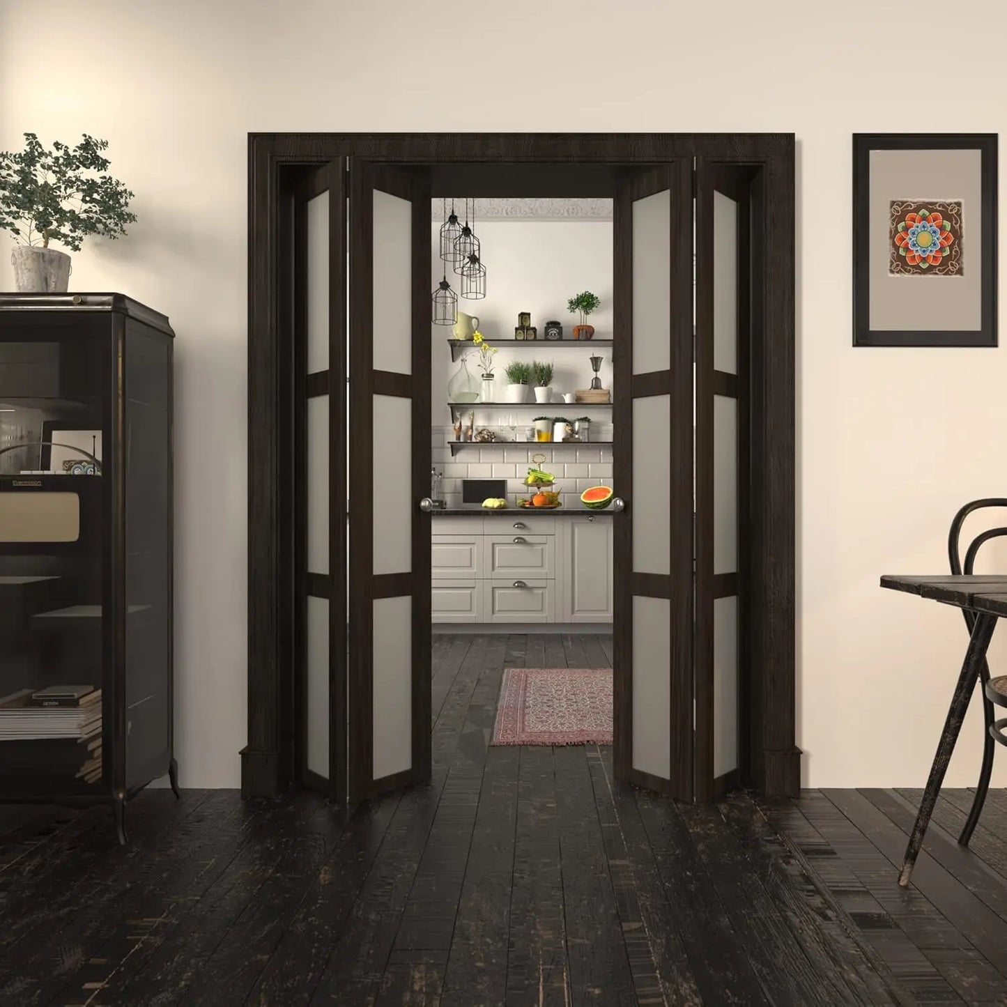 Bi-Fold Doors, for 60"x 80" (Double 30" X 80" Doors) Opening, 3-lite Tempered Frosted Glass Panel,  Bi-Fold Doors