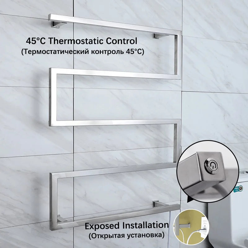 Black/Chrome Electric Towel Rack.Bathroom Electric Heated Towel Rail.Smart Towel Warmer.Creative Bath Towel Radiator.Hidden Wire