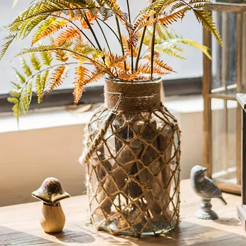 Retro hemp rope glass vase hand-woven American country creative hydroponic vase desktop ornaments flower vase