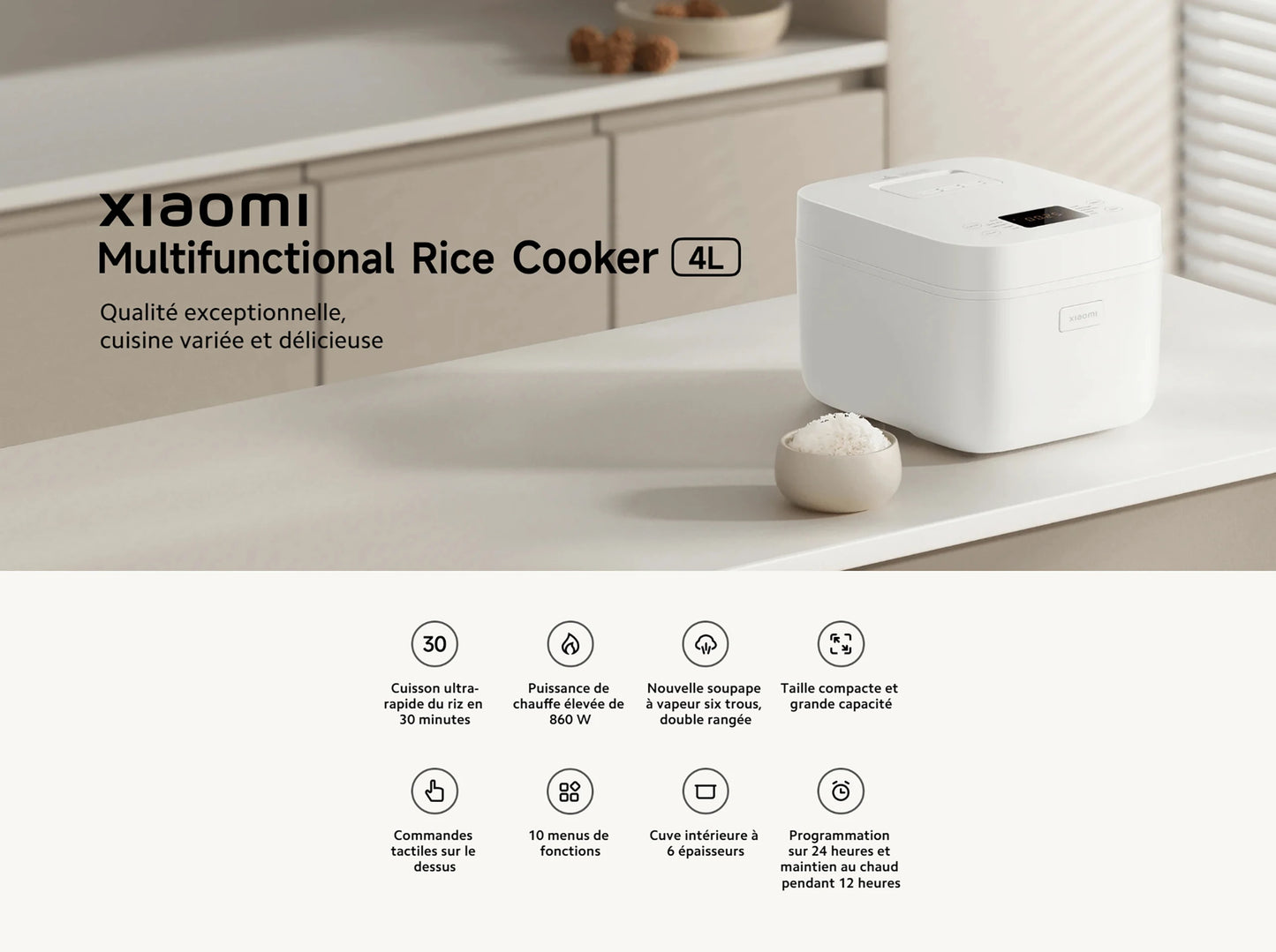 [Official] Xiaomi Multifunctional Rice Cooker 4L ultra-fast cooking Rice in 30 minutes, high heating power of 860 W, 10 menus functions, 24-hour programming