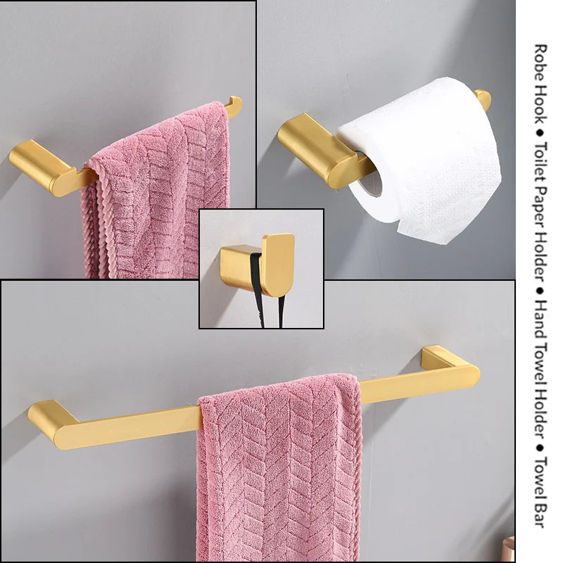 Brushed Gold  Bathroom Accessories Sets 4 Wall Mounted Towel Bar Robe Hooks Toilet Paper Roll Holder Stainless Steel Hardware