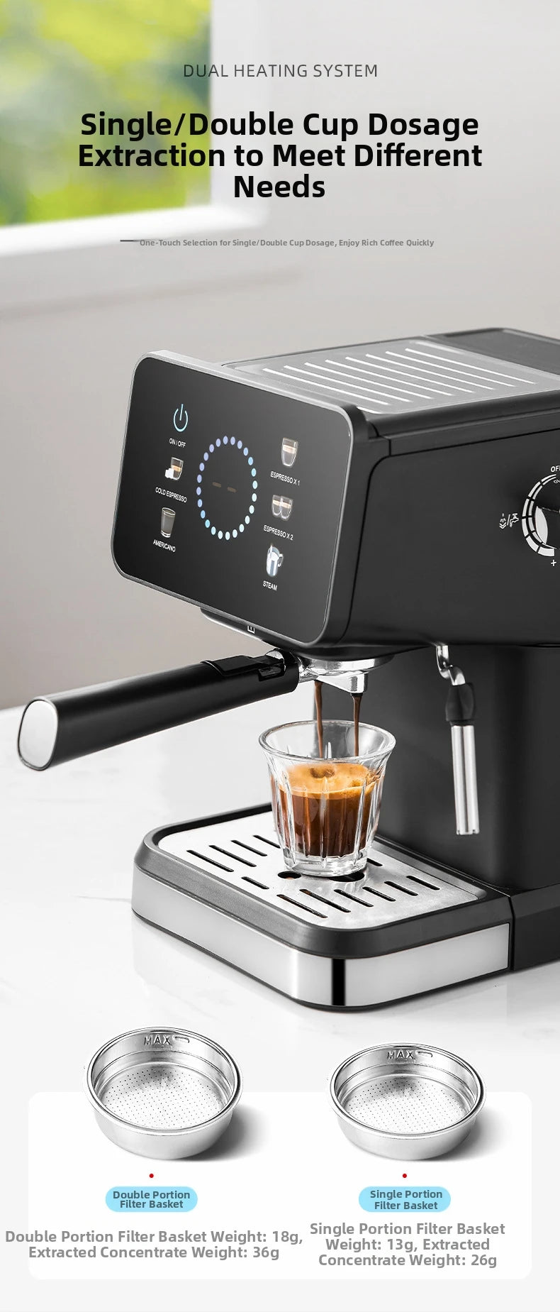 20Bar Espresso Machine – Dual Brew Hot & Cold Features smart touchscreen, milk frother, fast heating, and energy-saving design. Ideal for home baristas to craft café-quality drinks.