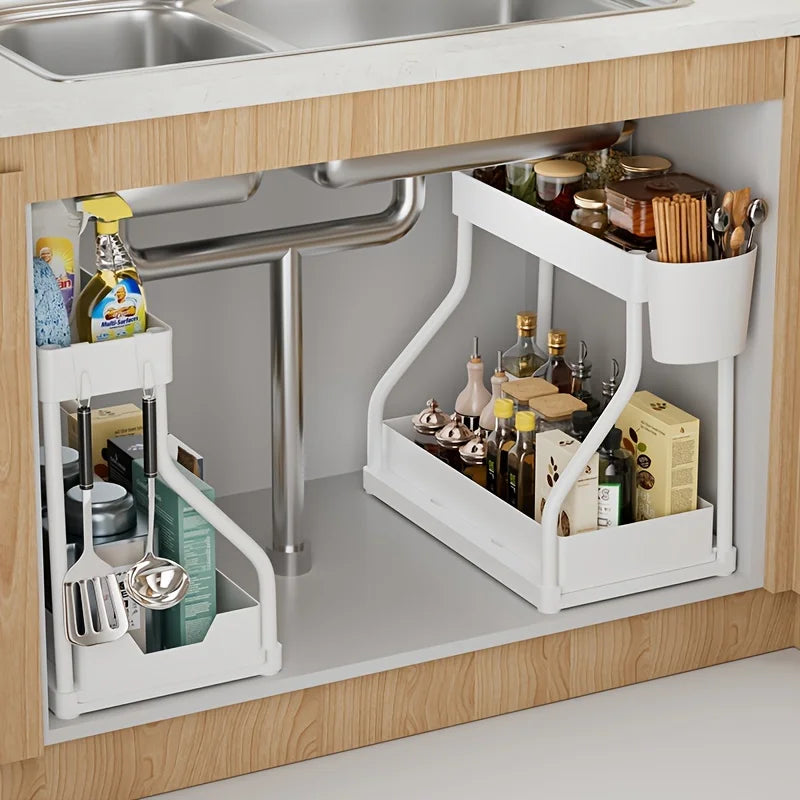 1pc Laoyeboubi 2-Tier Plastic Storage Organizer Pull-Out Drawer Kitchen Bathroom Space-Saving Durable Large Capacity