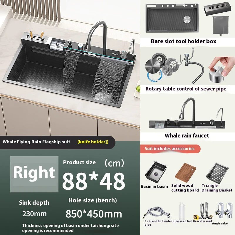 Extra Large Stainless Steel Waterfall Kitchen Sink Embossed Single Solt Digital Display Multifunctional Dishwashing Sink