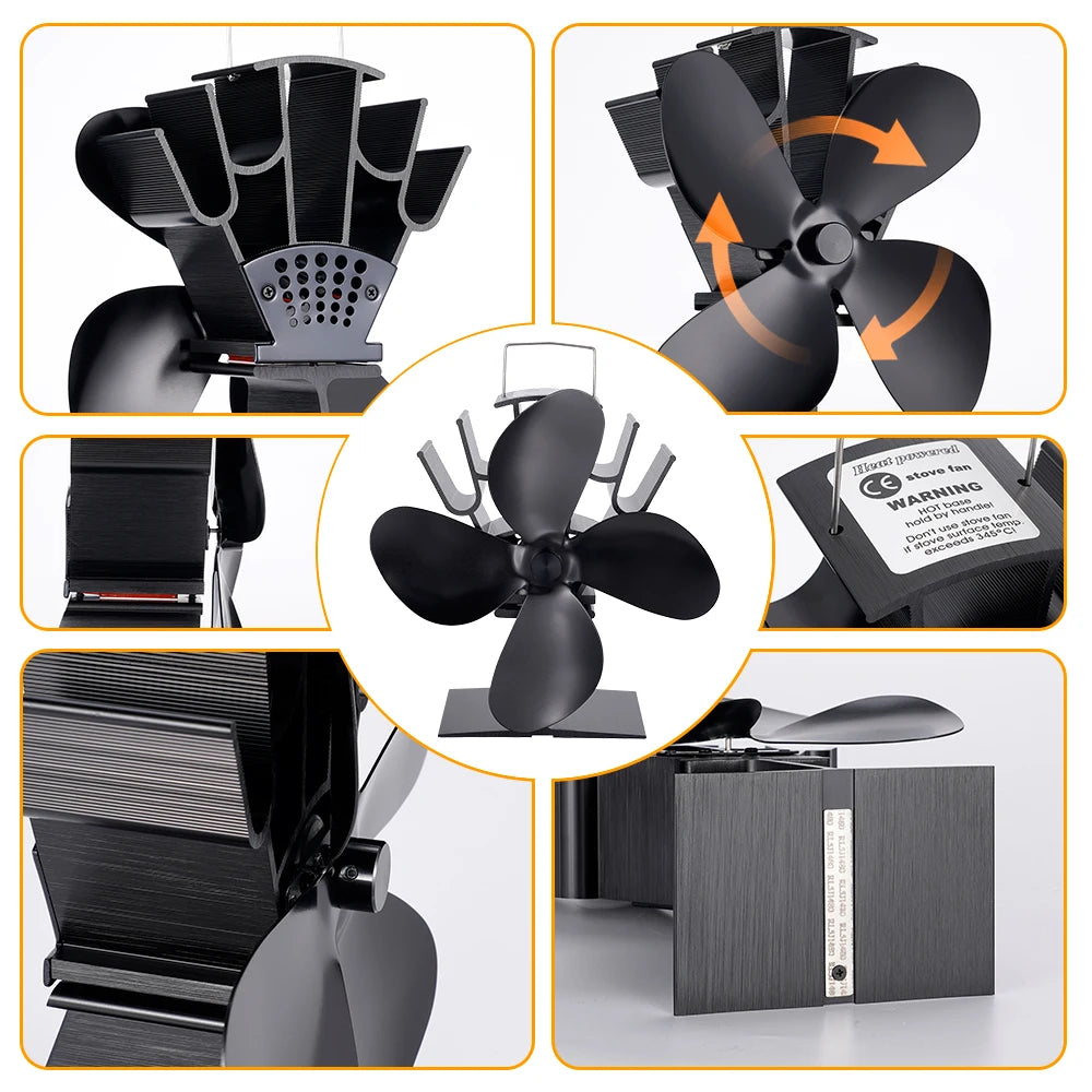 4 Blade Heat Powered Stove Fan Black Fireplace komine Log Wood Burner Eco Friendly Quiet Fan Home Efficient Heat Distribution