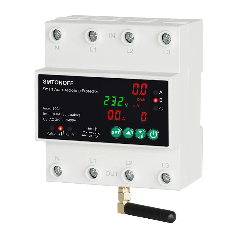 Tuya WiFi Three Phase 4P 63A Auto-Reclosing Over Under Voltage Protector Prepaid Meter Timer Switch Voice Remote Control