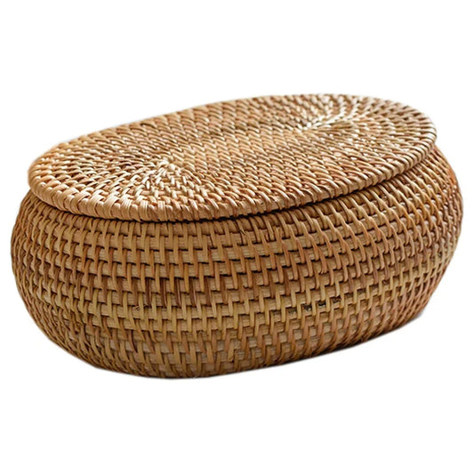 SEWS-Rattan Box Storage Baskets With Lid, Rattan Basket, Handwoven Round Woven Basket, Desktop Decorative Box For Home,Office