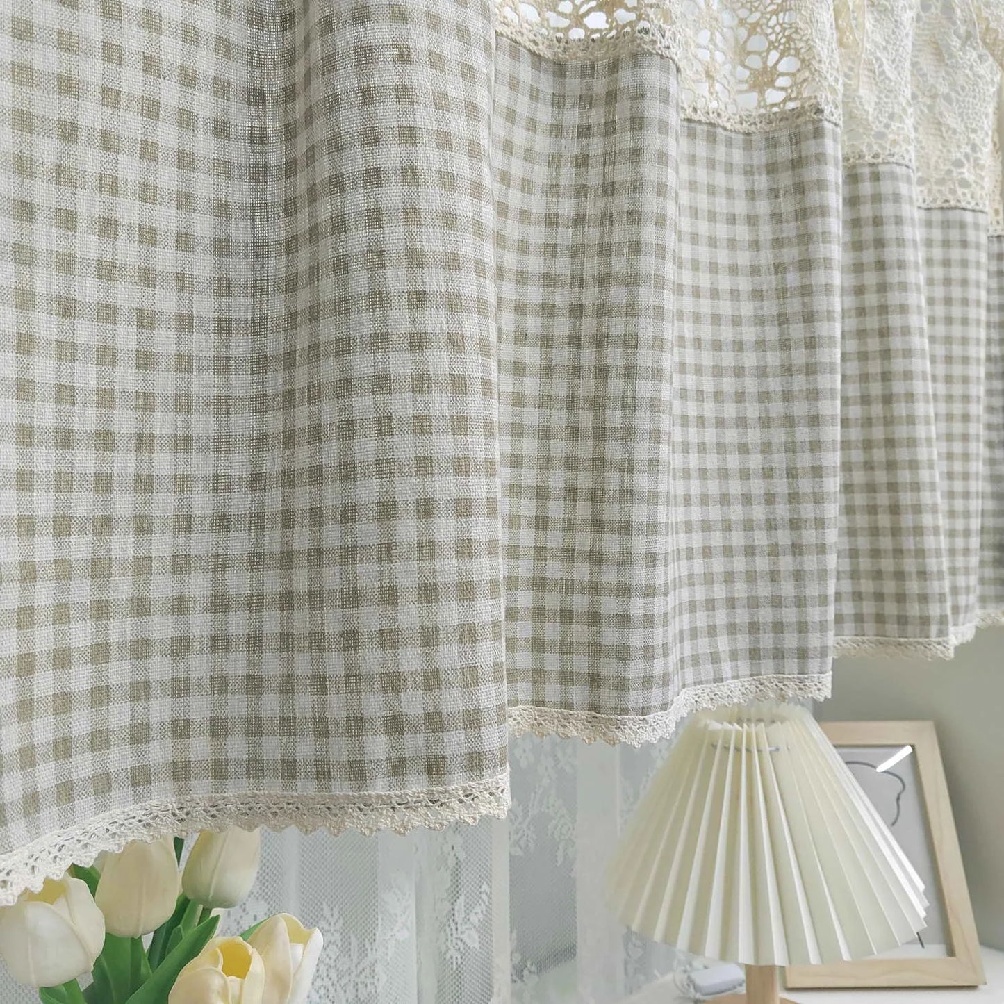 American Crochet Hollow Flower Splicing Checked Short Curtain for Kitchen Small Window Rustic Window Decoration Tie Cafe Curtain