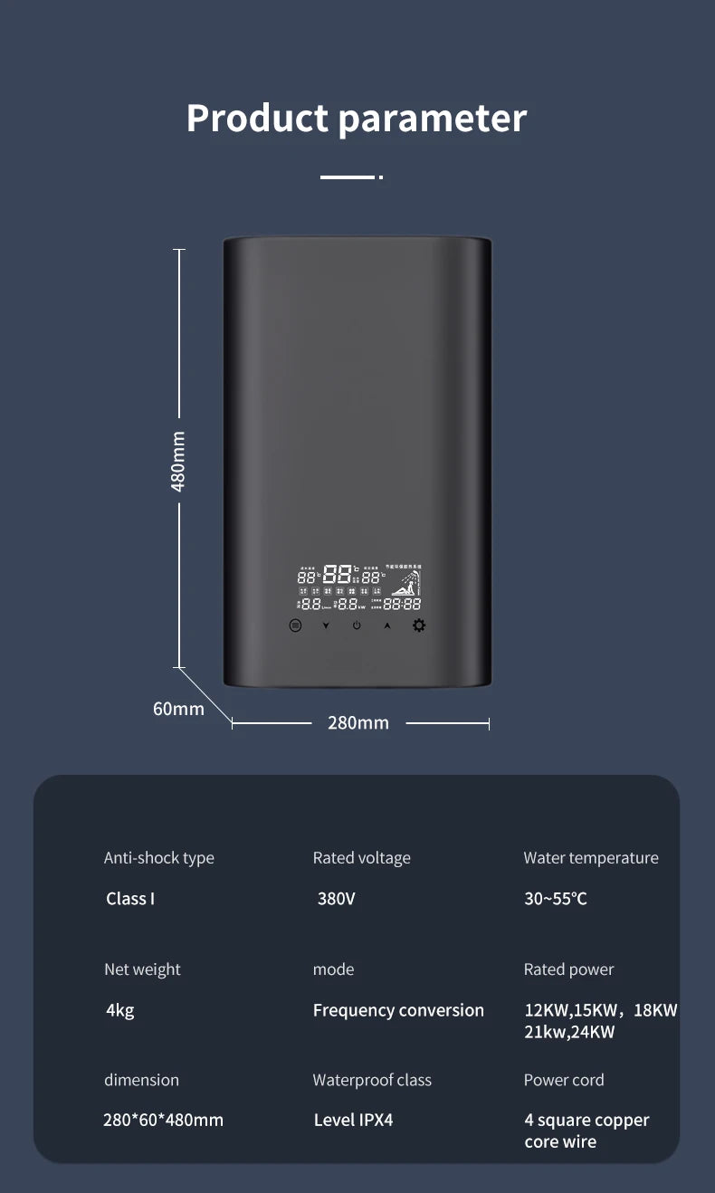 3 Phase 380V 24Kw Electric Tankless Water Heater Household Bath Instant Fast Heat Large Amount of Water For Shower Bathroom
