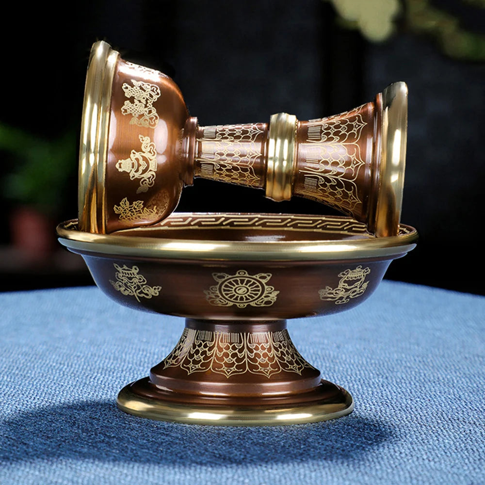Pure copper Tibetan Tribute guardian cup, Eight-auspicious carved 2-layer Buddhism Holy water cup, Buddhist ornaments, 1 set