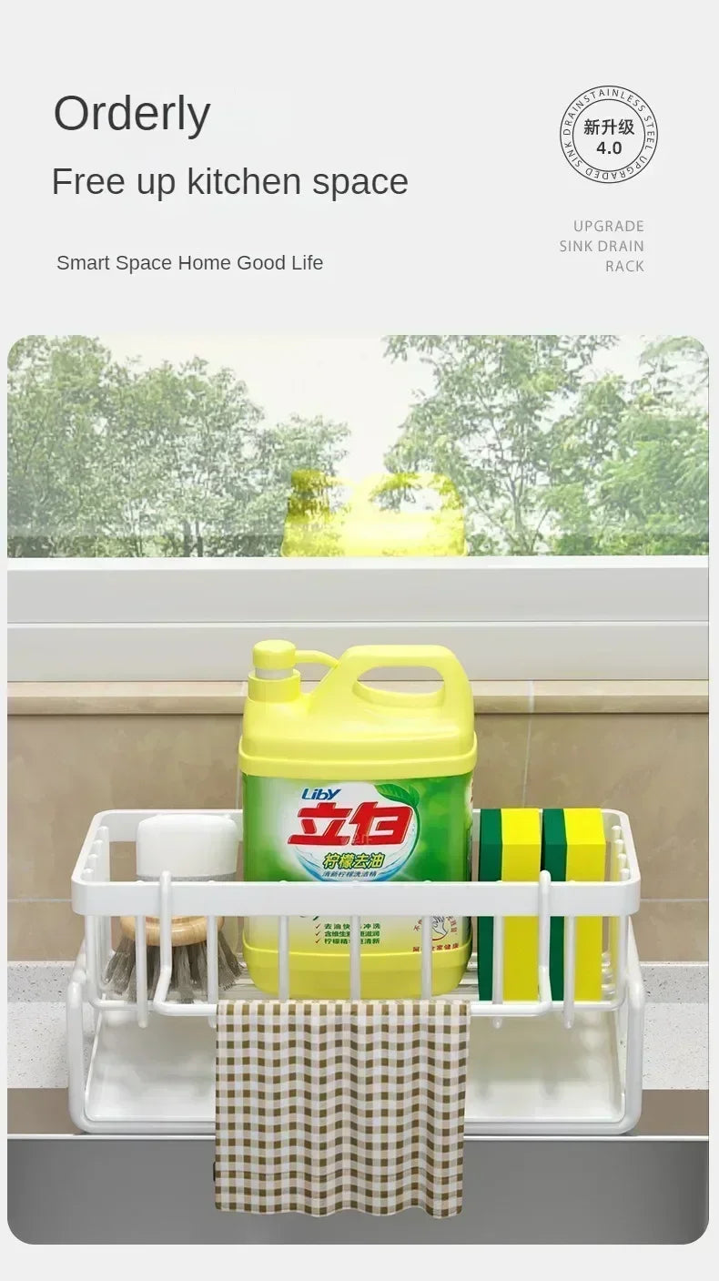 Space Saving Kitchen Sink Dish Rack Sponge Holder Water Drain Basket Countertop Storage Organizer for Cleaning Supplies