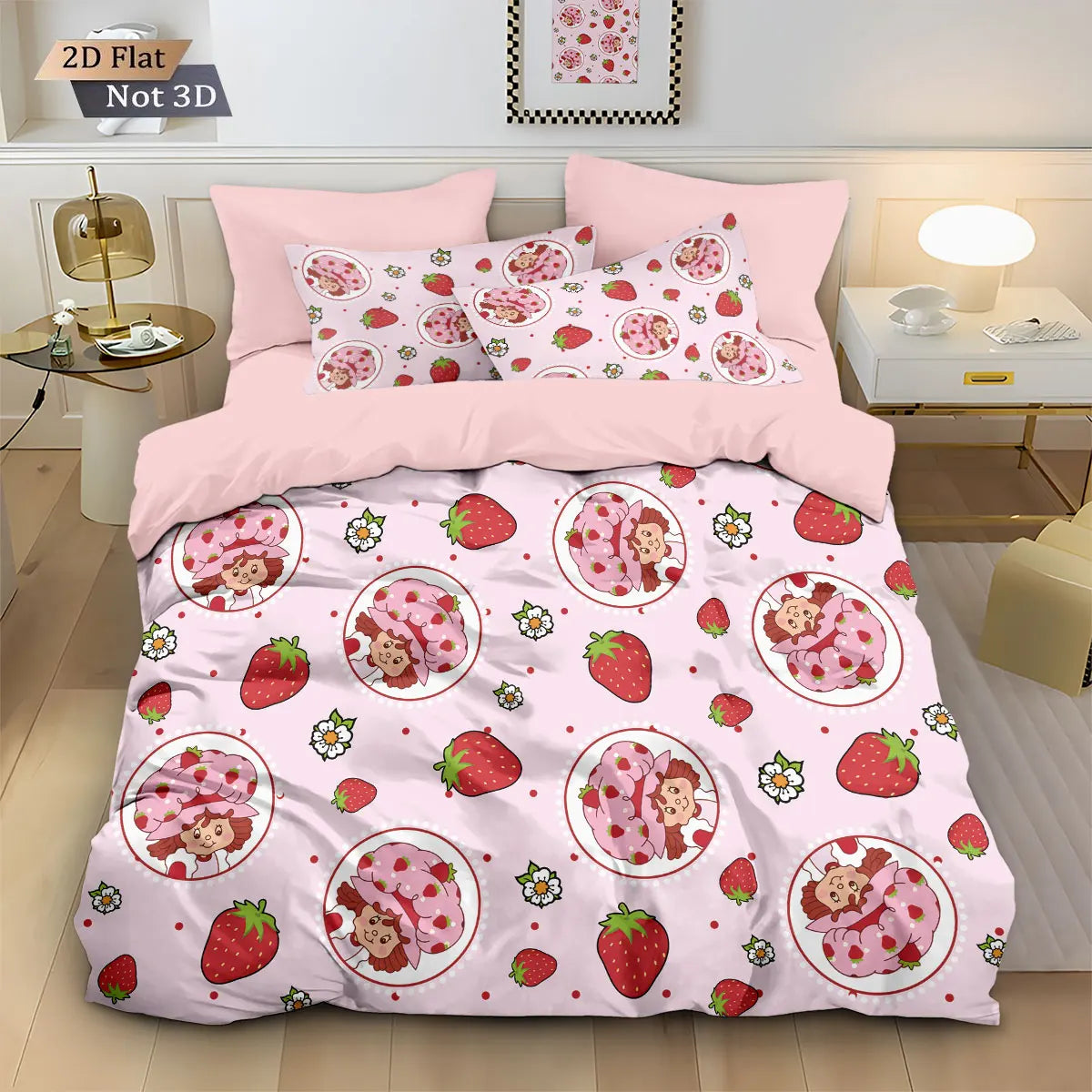 3pcs Pink Strawberry Girl Printed Down Duvet Cover Set, Multi Size Bedroom Bedding Decoration, Machine Washable