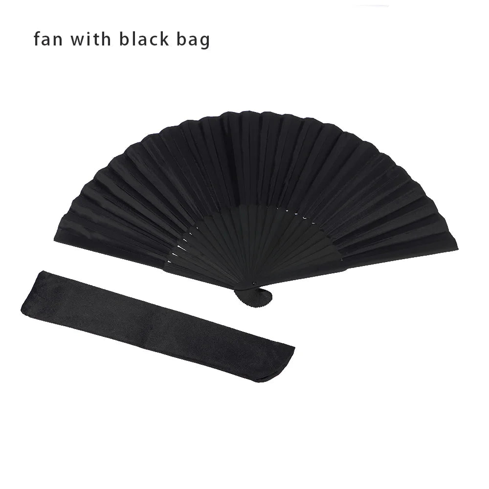 8.27"(21cm) Black Silk Folding Fan Chinese Style Hand Held Bamboo Fans Ribs Home Party Decoration Dance Props Desktop Ornament