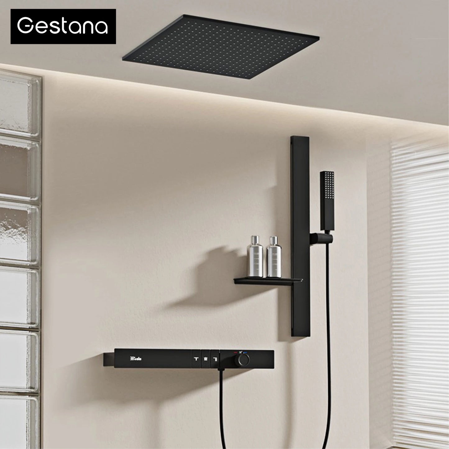 Luxury Ceiling Thermostatic Shower System Black Brass 3 Function Built In Wall Cold Hot Water Waterfall Outlet Bathroom Faucet