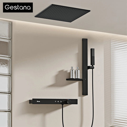Luxury Ceiling Thermostatic Shower System Black Brass 3 Function Built In Wall Cold Hot Water Waterfall Outlet Bathroom Faucet