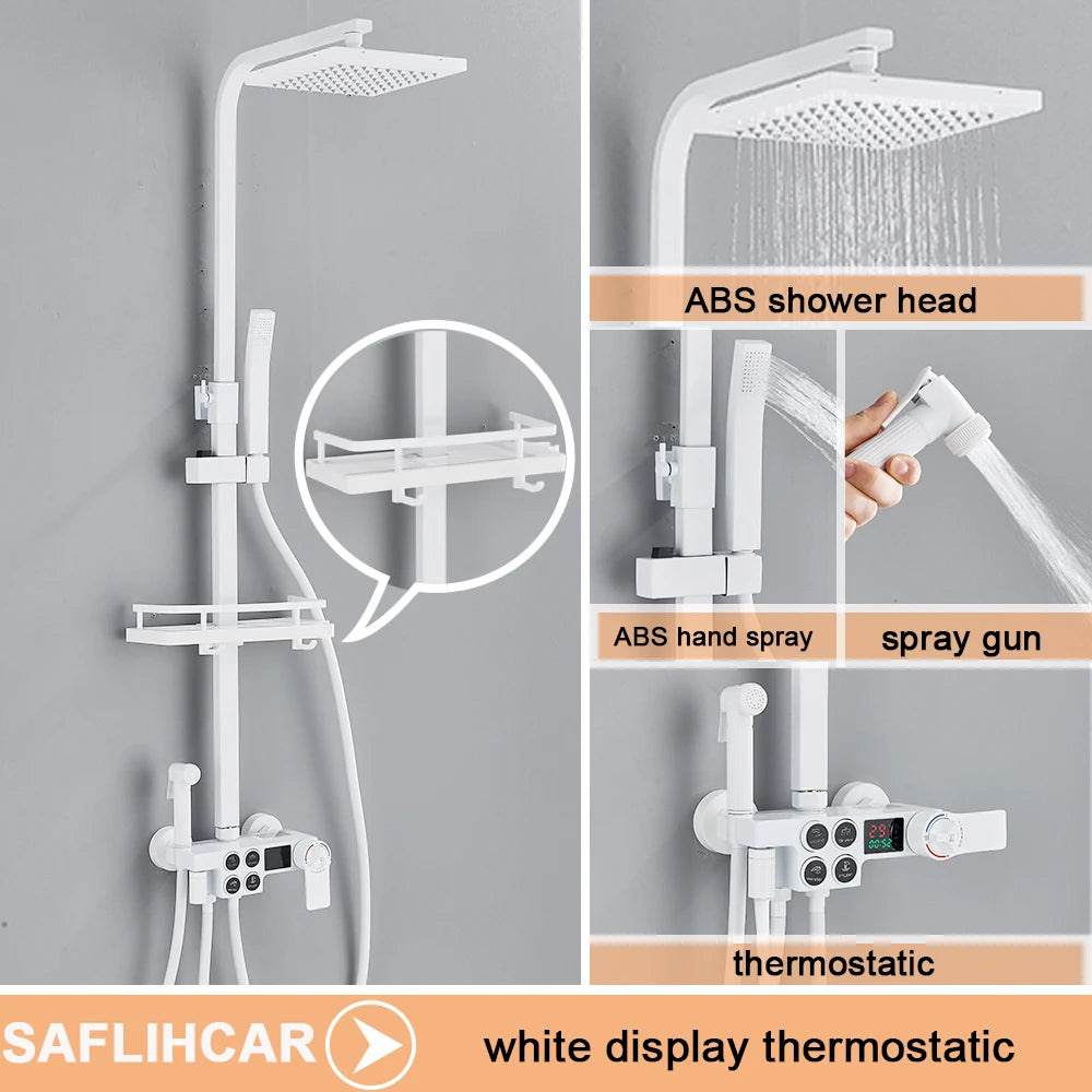 Black Display Thermostatic Shower Faucet Set Rainfall Bathtub Tap With Bathroom Shelf Water Flow Produces Electricity
