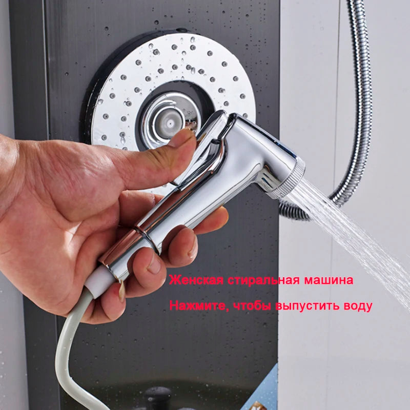 Black Bathroom Shower Panel SPA Massage Jet Shower Column LED Display Stainless Steel Shower System