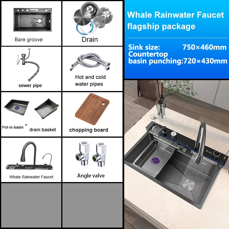 Extra Large Stainless Steel Waterfall Kitchen Sink Embossed Single Solt Digital Display Multifunctional Dishwashing Sink