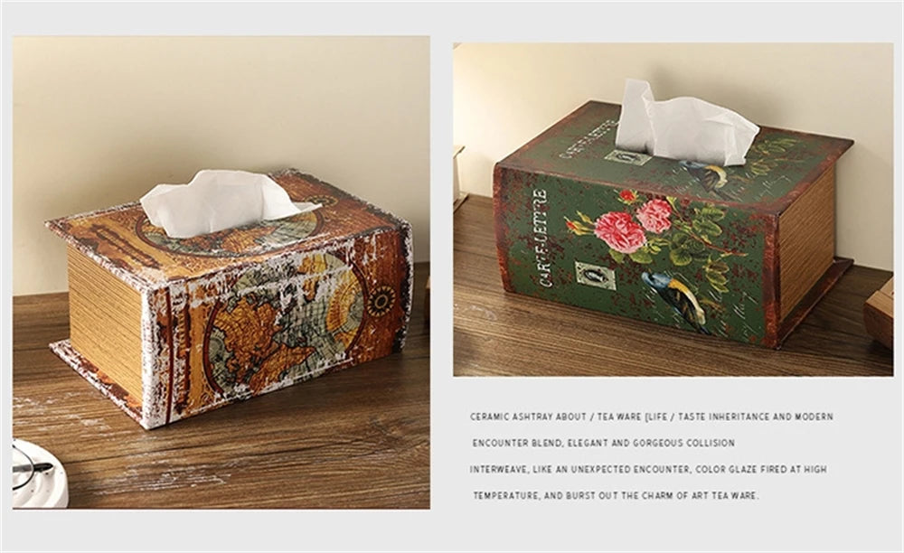 Retro European Simulation Book Tissue Box Wooden Coffee Table Napkin Storage Box Living Room Decoration Leather Tissue Organizer